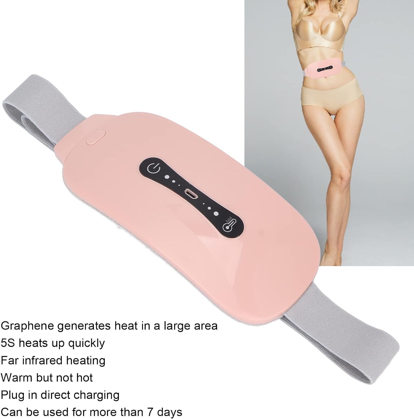Centura abdominala pentru masaj cu incalzire si vibratii, 3 trepte incalzire si 3 vibromasaj, anti dureri menstruale, ciclu, lombare, portabila, roz