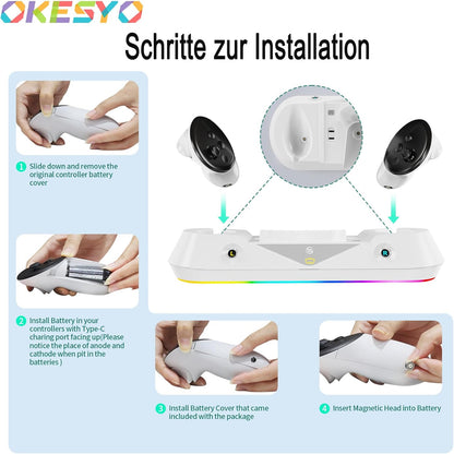 Statie de incarcare compatibila VR Meta Quest 3, pentru ochelari si controlere, cu lumini LED RGB, 2 acumulatori 1800 mAh si accesorii, alba