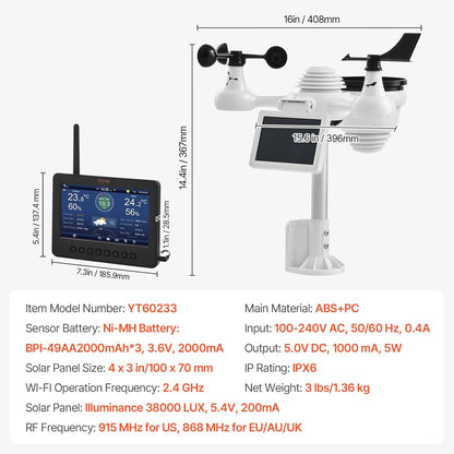 Statie meteo WiFi 7 in 1 cu display de 7 inch, senzor exterior cu panou solar, monitorizare viteza si directie vant, temperatura, umiditate, precipitatii, suporta Weather Underground si WeatherCloud, multifunctionala