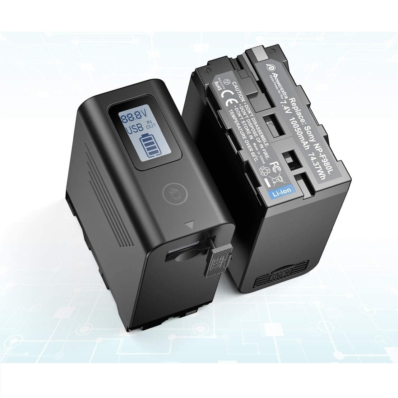 Set 2 baterii Li-on 10050mAh cu afisaj LED pentru Sony NP-F980, F960 F970 F750 F550 cu intrare Micro-USB, iesire USB 5V