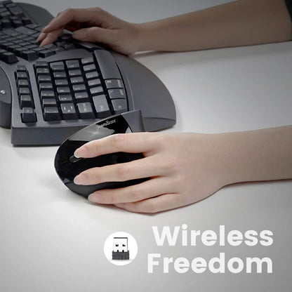 Mouse vertical wireless 2.4 GHz, mana stanga, design cu 6 butoane, 3 niveluri DPI, ergonomic, pentru stangaci