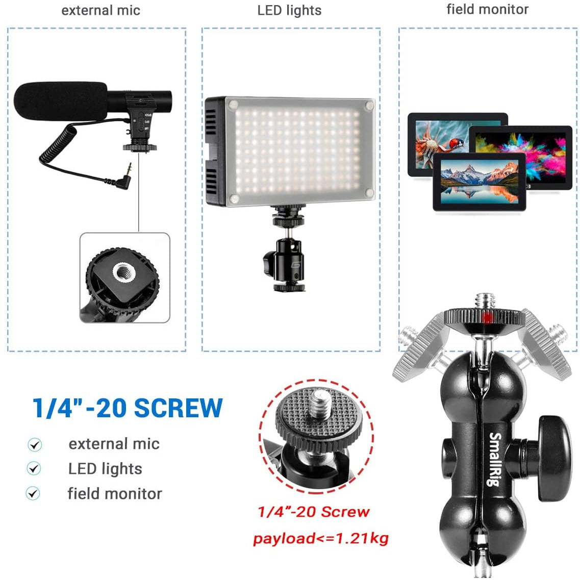 Clema Smallrig multifunctionala cu bila de fixare accesorii foto-video DSLR, cu menghina si surub 1/4", articulatie rotativa 360º