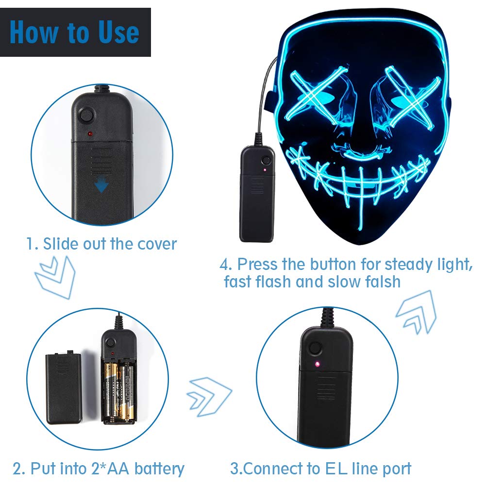 Masca Halloween cu led , cu fir electroluminescent de neon , masca purge horror luminoasa