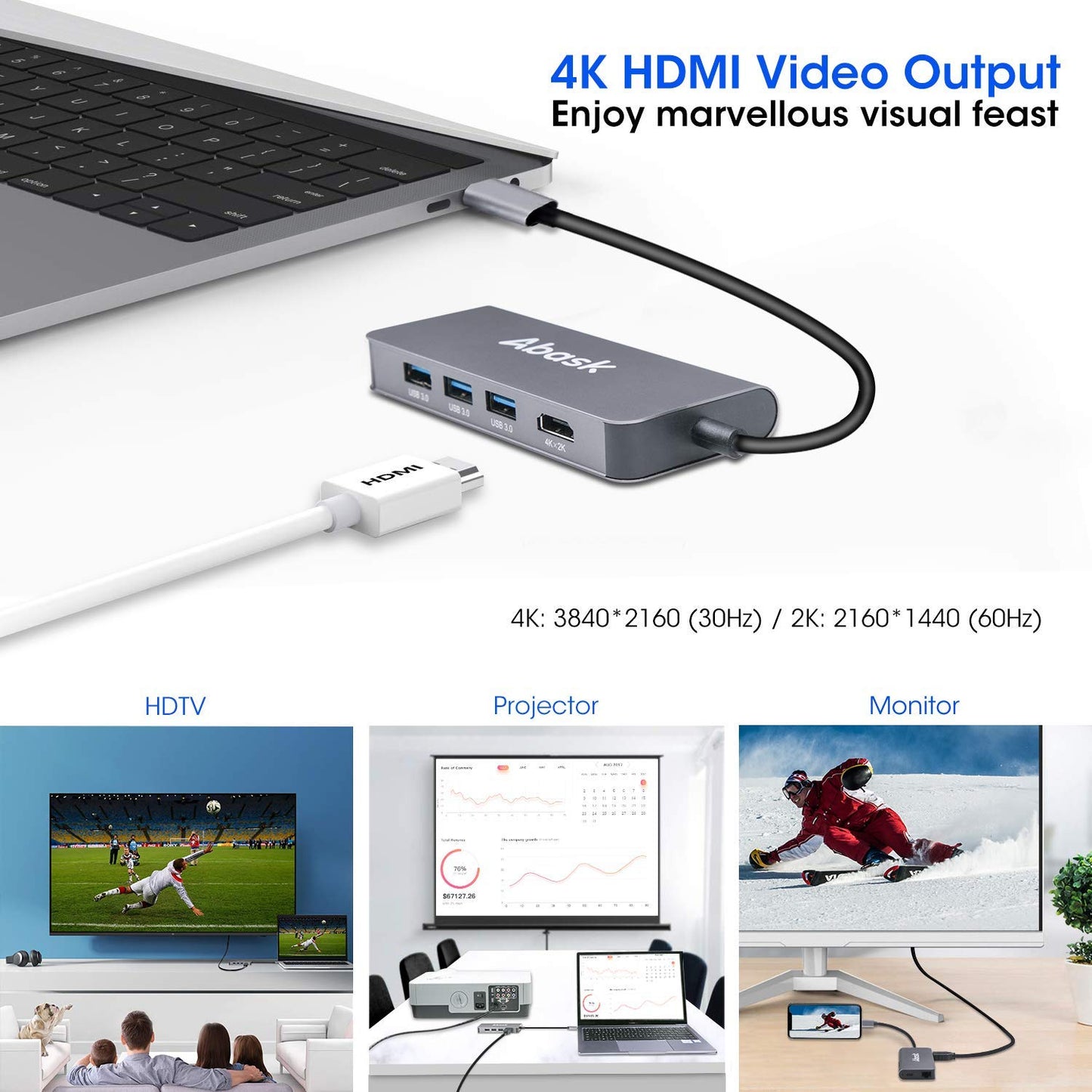 Hub adaptor USB Type-C , Abask 8-in-1, la 3 x USB 3.0, 1 x HDMI 4K,SD / MicroSD Card Reader, USB 3.1, Ethernet, PD Port