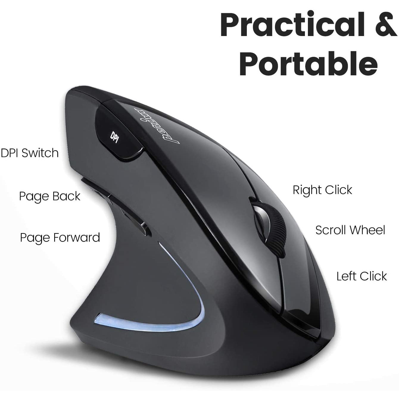 Mouse vertical wireless 2.4 GHz, mana stanga, design cu 6 butoane, 3 niveluri DPI, ergonomic, pentru stangaci