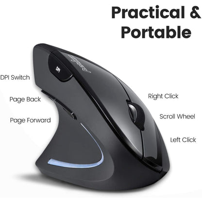 Mouse vertical wireless 2.4 GHz, mana stanga, design cu 6 butoane, 3 niveluri DPI, ergonomic, pentru stangaci