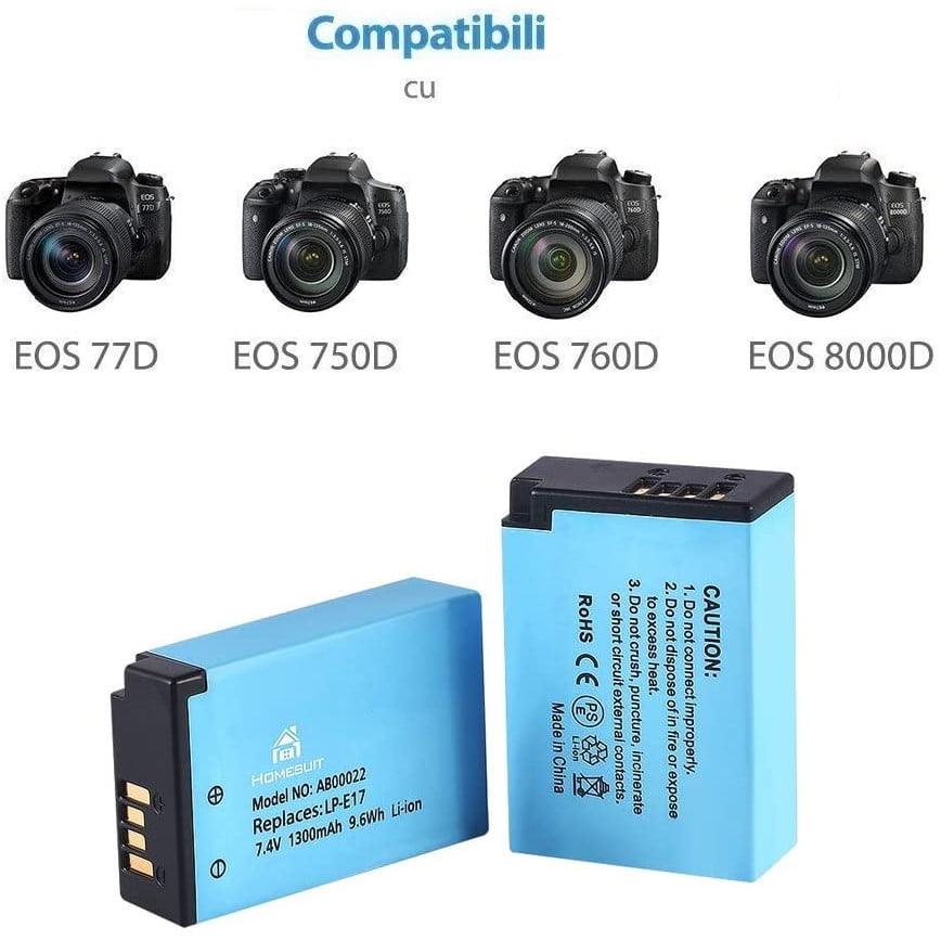 Set de 2 Acumulatori LP-E17 + incarcator , 1300 mAh ,Homesuit pentru Canon Rebel SL2, T6i, T6s, T7i, EOS M3, M5, M6, EOS 200D, 77D, 750D, 760D, 800D, 8000D, KISS X8i