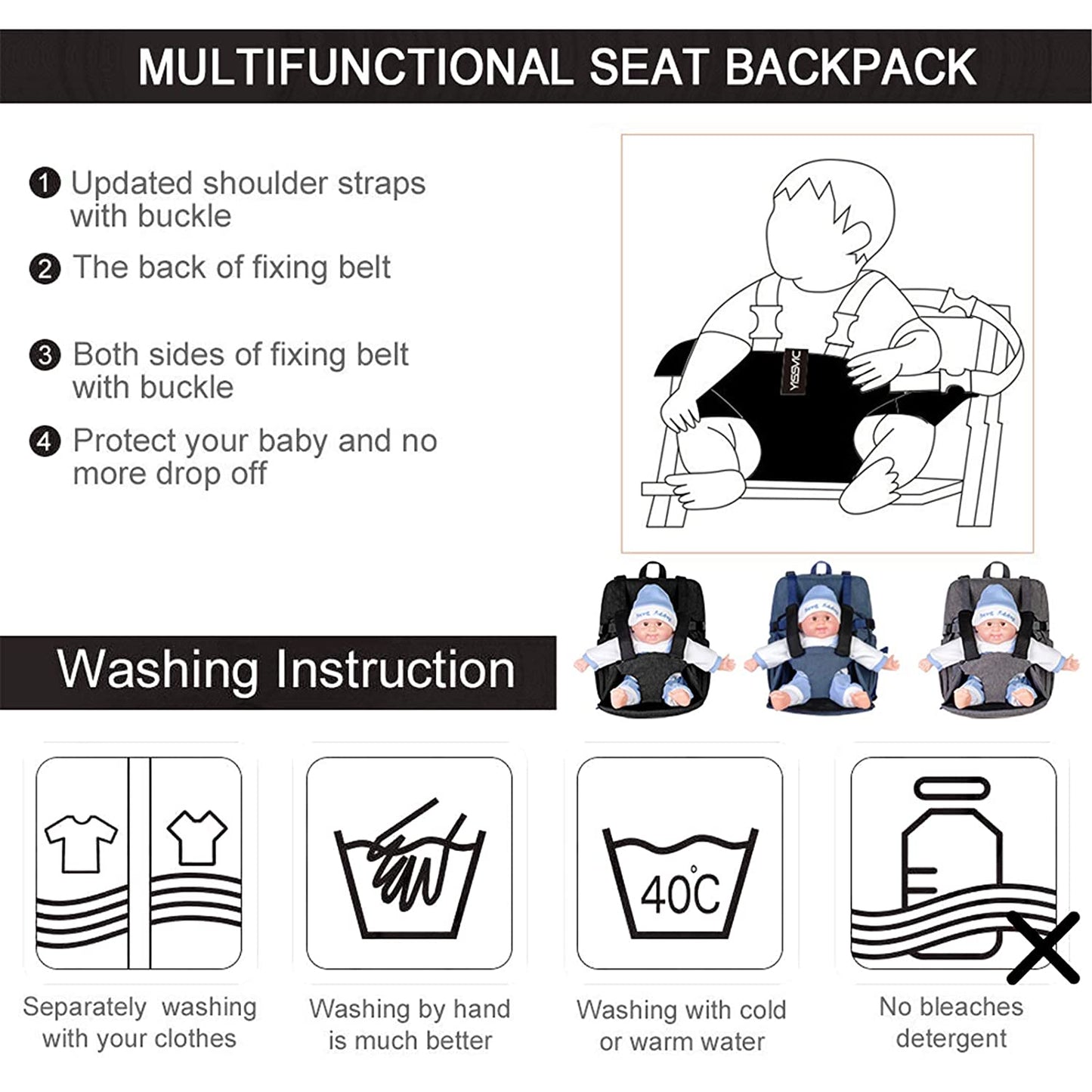 Ghiozdan multifunctional cu port-bebe ,Aujelly , de mare capacitate, rucsac de calatorie, impermeabil, Negru