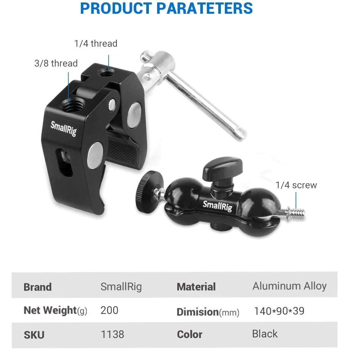 Clema Smallrig multifunctionala cu bila de fixare accesorii foto-video DSLR, cu menghina si surub 1/4", articulatie rotativa 360º