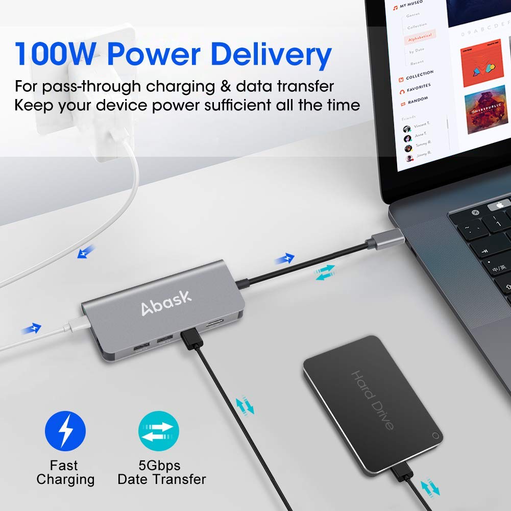 Hub adaptor USB Type-C , Abask 8-in-1, la 3 x USB 3.0, 1 x HDMI 4K,SD / MicroSD Card Reader, USB 3.1, Ethernet, PD Port