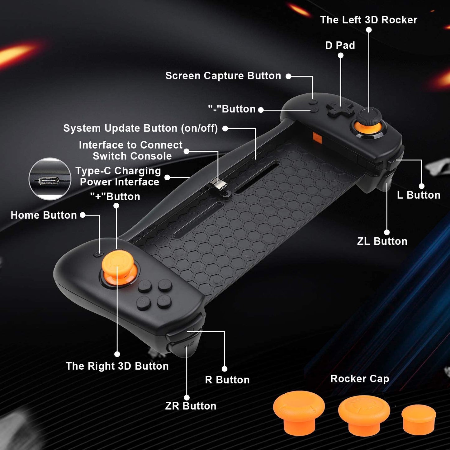 Controller pentru Nintendo Switch, model imbunatatit, ergonomic, cu vibratie dubla, 3 capace joystick diferite, giroscop cu 6 axe
