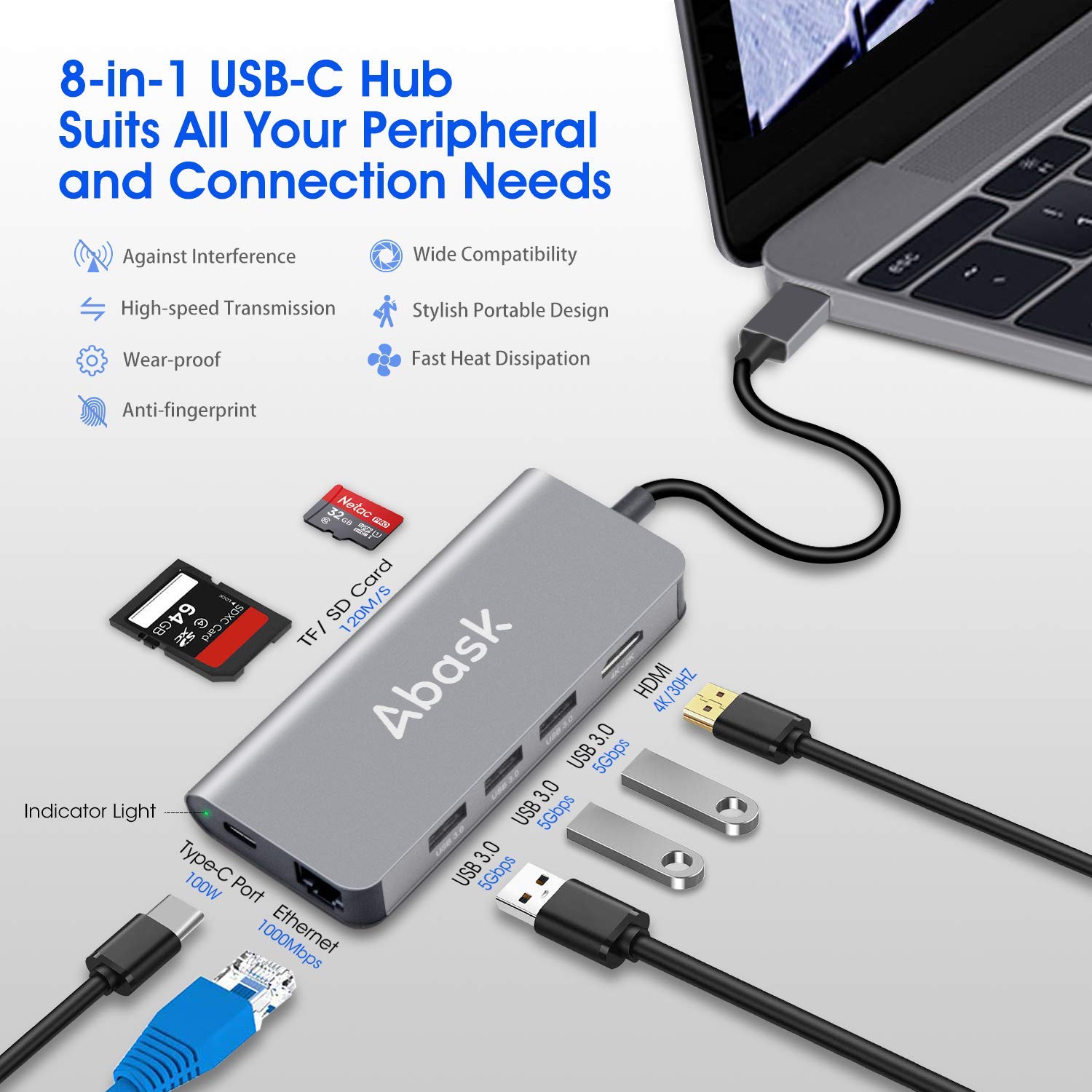 Hub adaptor USB Type-C , Abask 8-in-1, la 3 x USB 3.0, 1 x HDMI 4K,SD / MicroSD Card Reader, USB 3.1, Ethernet, PD Port
