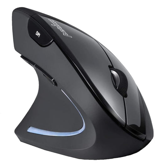 Mouse vertical wireless 2.4 GHz, mana stanga, design cu 6 butoane, 3 niveluri DPI, ergonomic, pentru stangaci