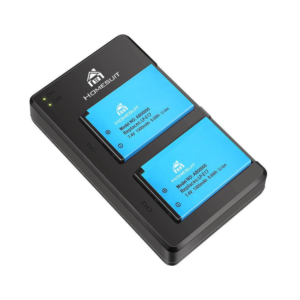Set de 2 Acumulatori LP-E17 + incarcator , 1300 mAh ,Homesuit pentru Canon Rebel SL2, T6i, T6s, T7i, EOS M3, M5, M6, EOS 200D, 77D, 750D, 760D, 800D, 8000D, KISS X8i