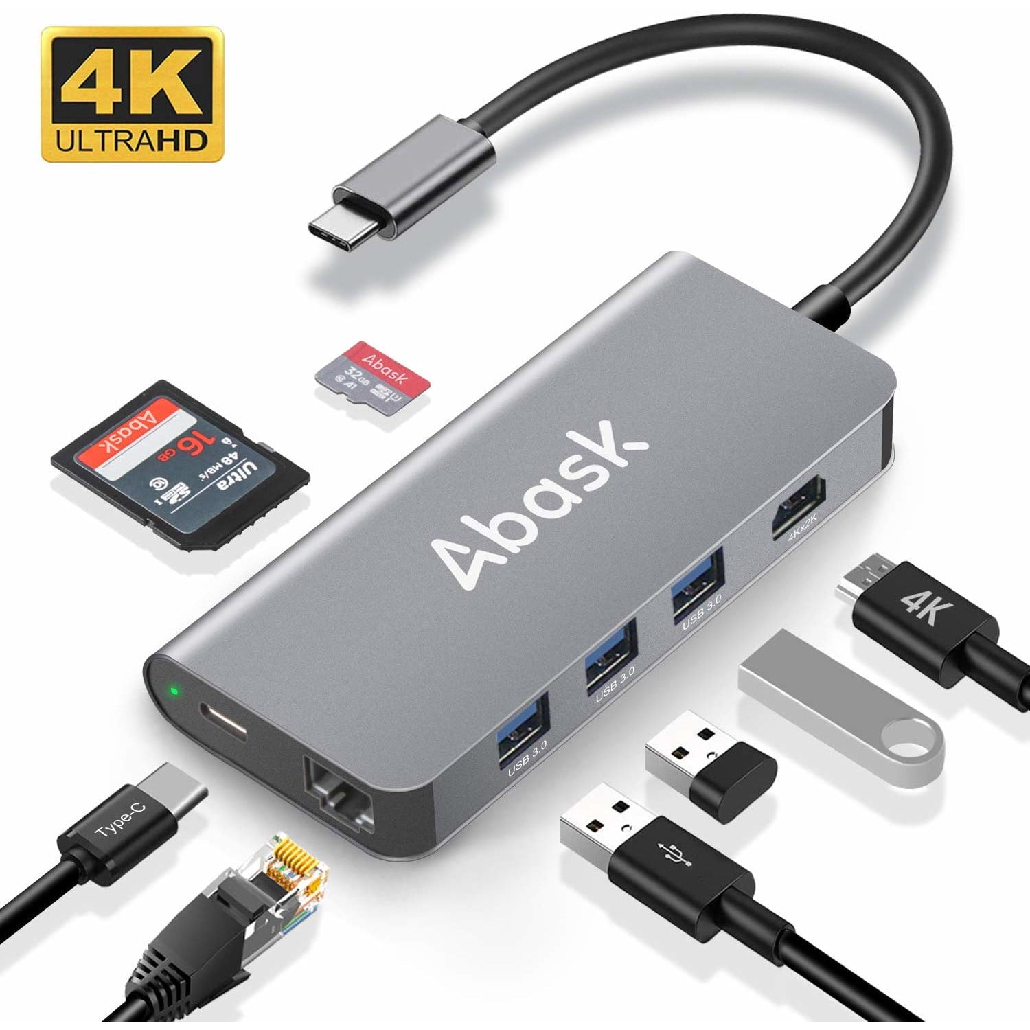 Hub adaptor USB Type-C , Abask 8-in-1, la 3 x USB 3.0, 1 x HDMI 4K,SD / MicroSD Card Reader, USB 3.1, Ethernet, PD Port