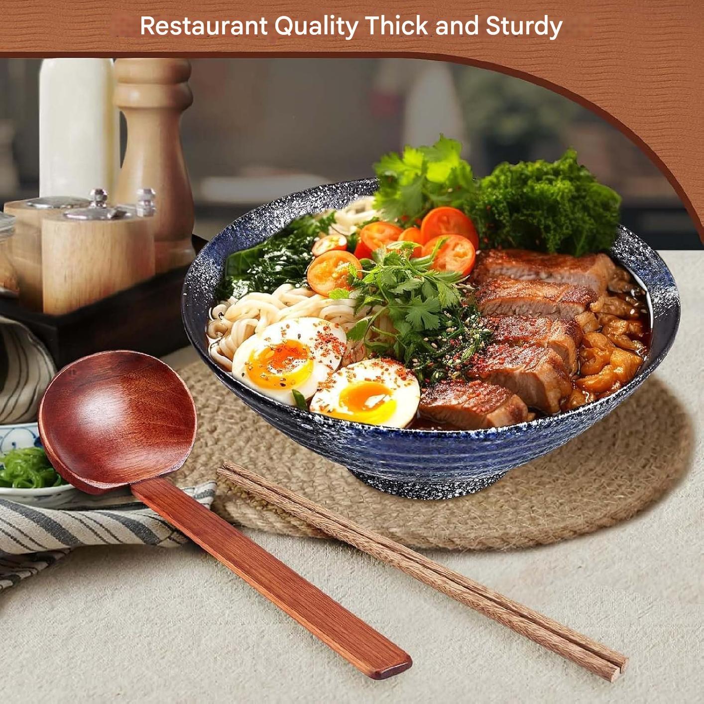 Set 2 boluri japoneze pentru ramen, 1000 ml, din ceramica, cu betisoare, linguri si retete, compatibile masina de spalat vase si microunde, multifunctionale