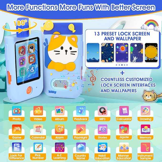 Camera digitala pentru copii 48MP, cu lentila rotativa la 180°, card de 32 GB, ecran LCD 2.8 inch, player MP3, echipata cu functii educationale in limba Engleza, jucarie tip telefon mobil pentru copii de la 3 la 8 ani