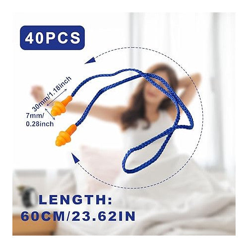 Set 40 dopuri de urechi din silicon, cu fir de 60 cm, pentru dormit, reutilizabile, anti-pierdere, pentru anularea zgomotului si protectia auzului
