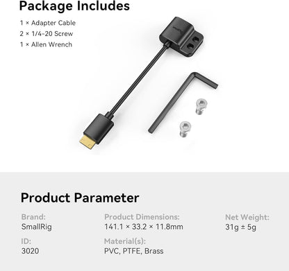 Adaptor de la cablu mini HDMI la HDMI mama, de la C la A, 4K, de 14 cm lungime, cu prindere si suruburi 1/4-20", pentru camere cu port mini HDMI precum Nikon Z6, Z7, D780, Canon EOS RP, 5D Mark IV