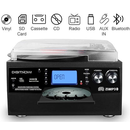 Pick-up 9 in 1 cu Bluetooth, conversie in MP3 prin USB, redare Disc vinyl, USB SD MMC, CD player, casetofon, radio AM/FM, cu telecomanda, mufa pentru casti si intrare auxiliara iesire RCA, platan vinyl cu 3 viteze, difuzor stereo incorporat