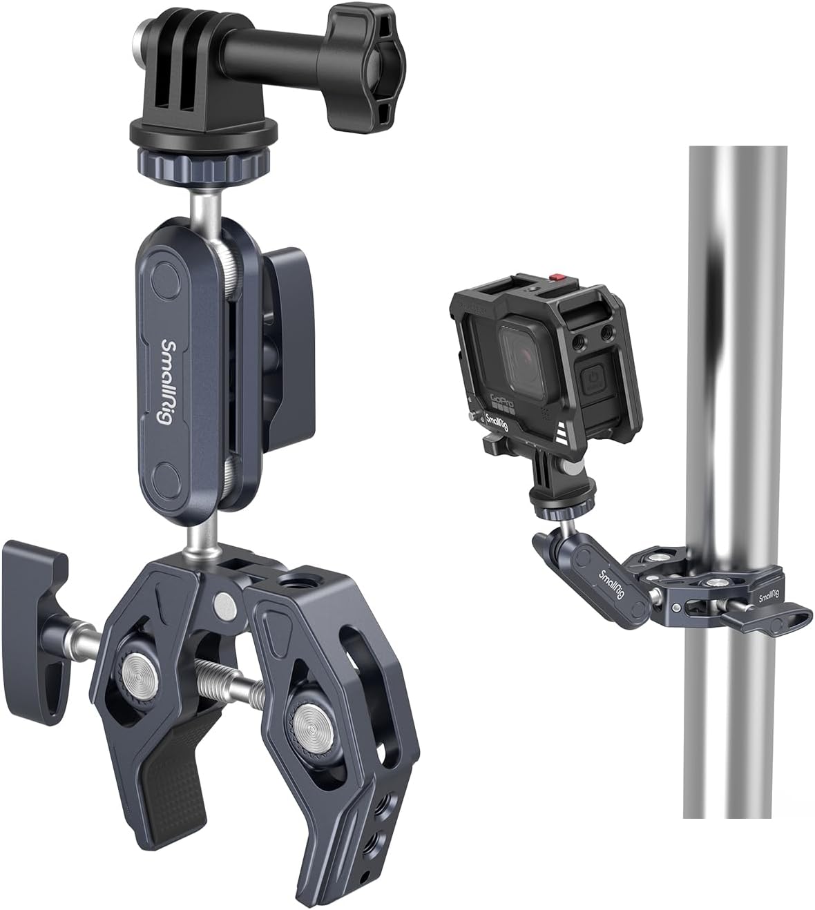Clema de fixare magic arm cu menghina si montura cap bila cu rotatie 360°, adaptor GoPro, filete de 1/4 inch si 3/8 inch, clema crab cu sarcina maxima suportata 3.5 kg, 3757B