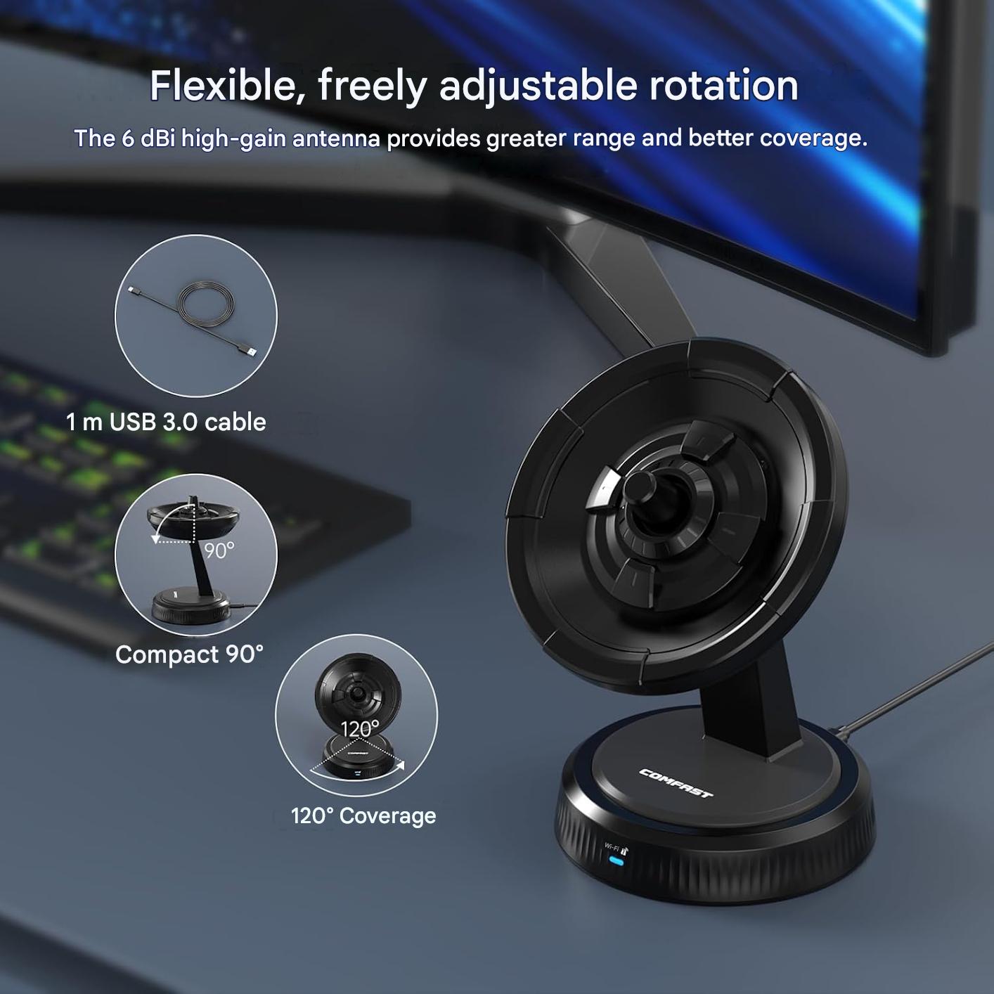 Adaptor USB WiFi 7 COMFAST BE6500, AX BE6500 Tri-Band 6500Mbps, USB 3.0, antena externa 6dBi, 6GHz + 5GHz + 2.4GHz, MU-MIMO, OFDMA, WPA3, pentru Desktop si Laptop cu Windows 10/11