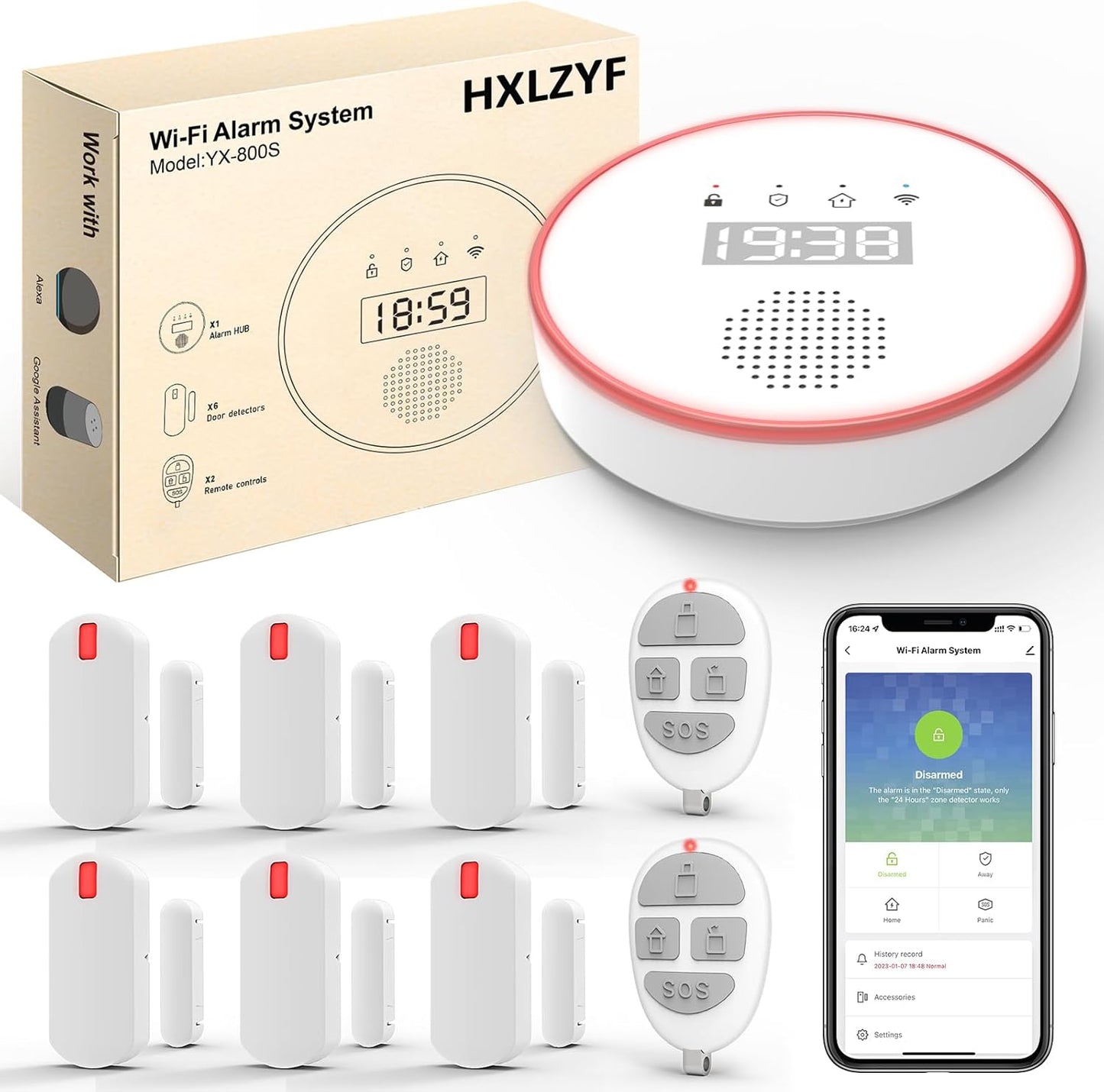 Sistem de alarma WiFi smart, 5/2,4 GHz, sirena 120 dB, 6 senzori pentru usi si ferestre, 2 telecomenzi, control prin aplicatie, compatibil cu Alexa si Google Home, pentru casa, garaj, birou