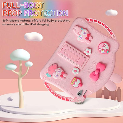 Husa de protectie pentru iPad 11/10, 9 inch, generatia 11/10, 2025/2022, cu manere, curea de umar reglabila, stand pliabil, din silicon, cu breloc unicorrn, model iepure, roz