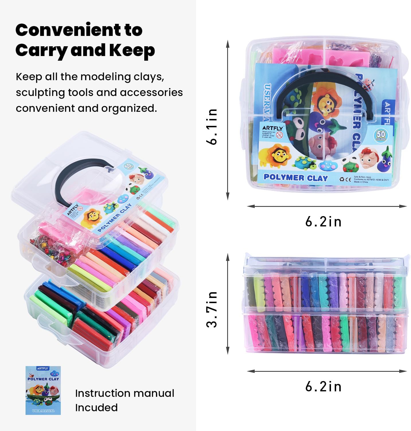 Set plastilina 50 culori, argila polimerica cu matrita, unelte de modelare, ace, prindere breloc si snur telefon, din material non-toxic, in cutie de depozitare