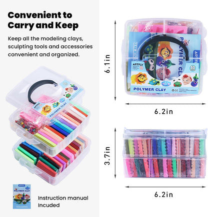 Set plastilina 50 culori, argila polimerica cu matrita, unelte de modelare, ace, prindere breloc si snur telefon, din material non-toxic, in cutie de depozitare