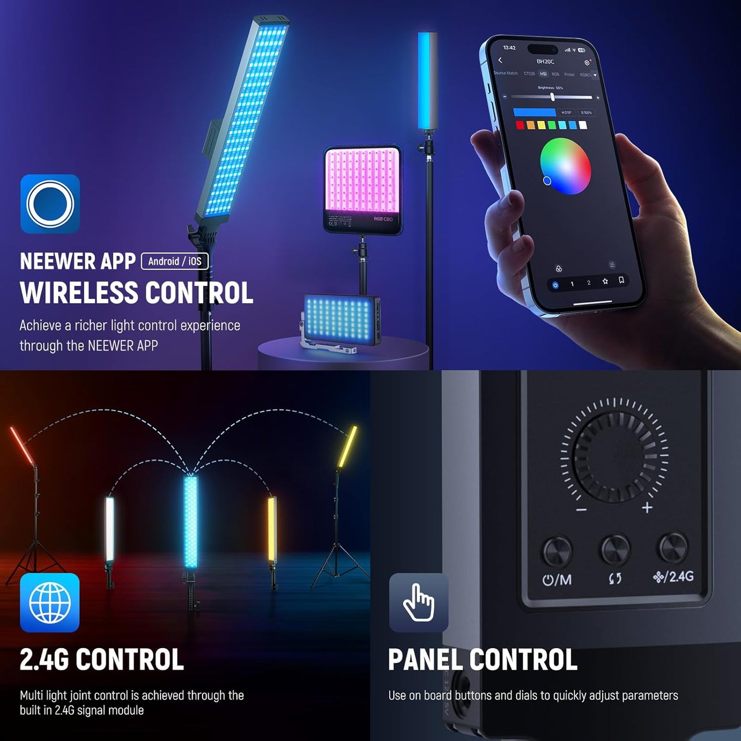 Kit lumina continua, 2 lumini studio LED RGB, lampa video CRI95+, 3250lux, dimabile 2500-10000K, control prin aplicatie, filtre difuzie, display LCD, alimentare duala, cu 2 buc trepied reglabil si geanta de depozitare si transport