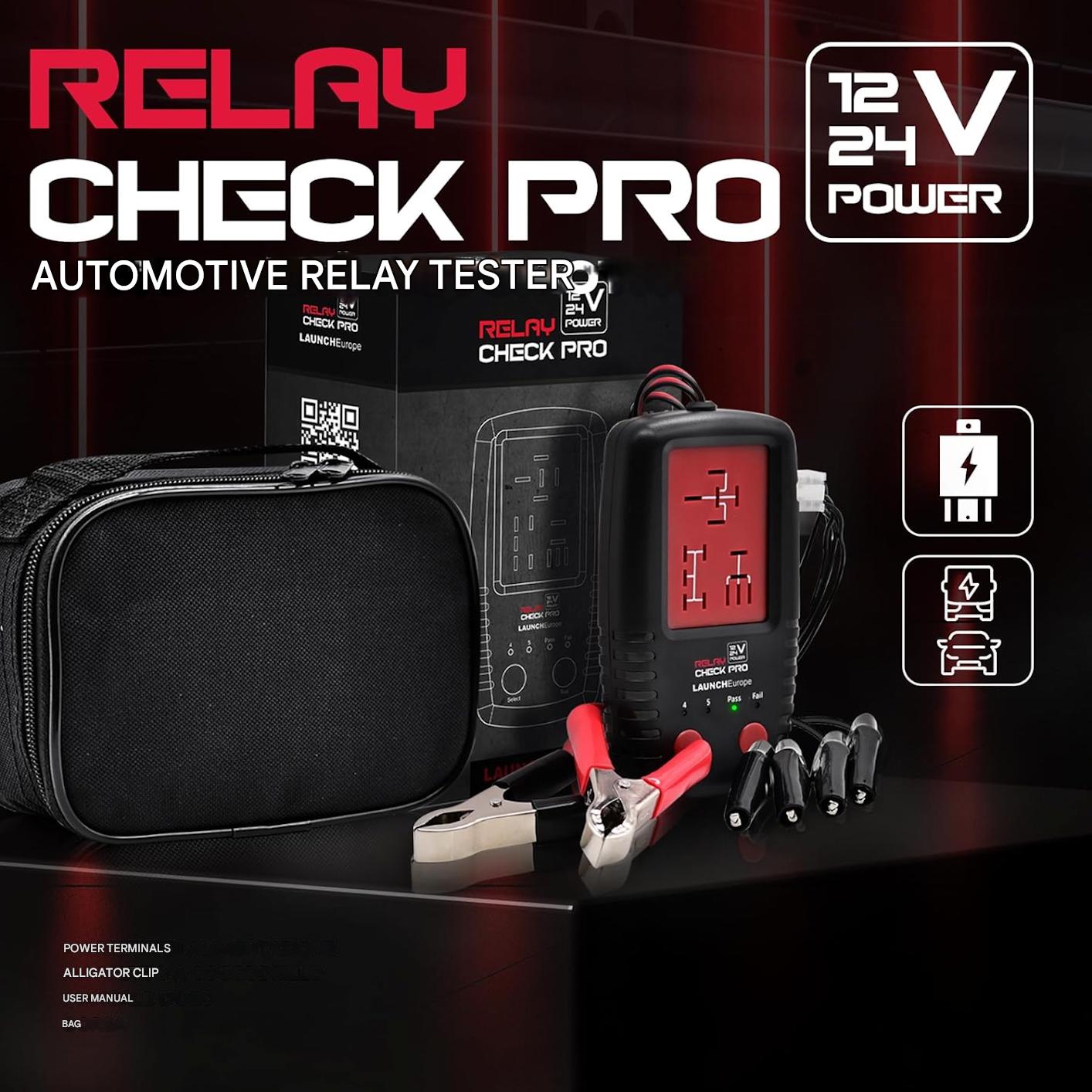 Tester relee auto LAUNCH Europe RelayCheck Pro 12V/24V, detectare automata pini 4/5, test sarcina contact, diagnostic LED cu coduri eroare, pentru masini si camioane, cu geanta transport