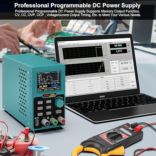 Sursa de alimentare de laborator 0-60 V, 0-5 A programabila, cu afisaj LED, interfata USB pentru control, ventilator racire, port incarcare 5V, functie protectie supracurent (OCP), protectie supratensiune (OVP), multifunctionala