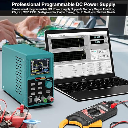 Sursa de alimentare de laborator 0-60 V, 0-5 A programabila, cu afisaj LED, interfata USB pentru control, ventilator racire, port incarcare 5V, functie protectie supracurent (OCP), protectie supratensiune (OVP), multifunctionala