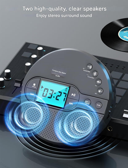 CD Player portabil Discman cu bluetooth si transmitator FM, baterie 2000 mAh, ecran LCD, difuzor incorporat, AUX si USB, anti-soc si anti-skip, cu casti, pentru masina si uz portabil