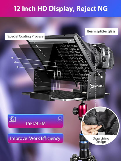 Kit teleprompter de 12 inch, pentru camere DSLR, cu telecomanda, compatibil cu smartphone si tableta pana la 12.9 inch, din metal, cu montura 1/4 inch si geanta de depozitare si transport