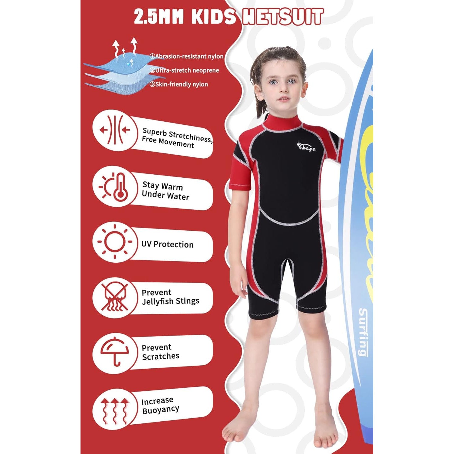 Costum de inot pentru copii, din neopren 2.5mm, pentru baieti si fete, protectie termica si UV, inchidere cu fermoar, cursuri de inot, scufundari, surfing, snorkelling