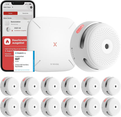 Set 12 detector de fum smart wireless cu statie de baza WiFi, senzor fotoelectric, alarma 85 dB, control prin aplicatie, 500 m raza interconectare, X-Smart