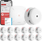 Set 12 detector de fum smart wireless cu statie de baza WiFi, senzor fotoelectric, alarma 85 dB, control prin aplicatie, 500 m raza interconectare, X-Smart