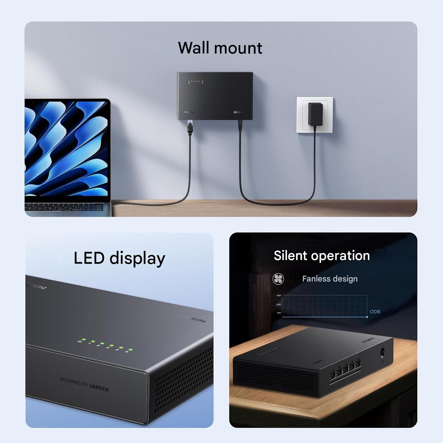 Switch LAN UGREEN 2.5G, 5 porturi 2.5G, neadministrat, pentru PC, NAS, server, WiFi 6, transfer rapid, fara ventilator, silentios, montare pe desktop sau perete