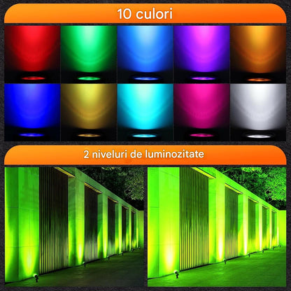 Set 8 proiectoare RGB, lampi gradina cu senzor lumina, telecomanda, functie temporizare, 30 moduri dinamice, impermeabile IP66, cu tarus si cablu de 23 m, Iluminat exterior pentru gradina, curte, petrecere