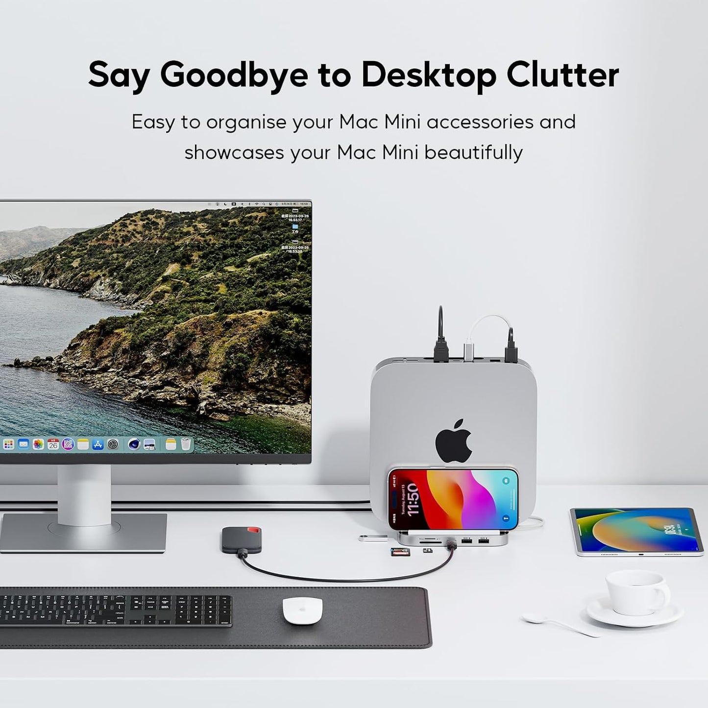 Suport Hub pentru Mac Mini M2/M1, Docking Station vertical 8 in 1 cu slot SSD PCIe, 3 slot USB-A, USB-C 10 Gbps, cititor de carduri SD/TF, mufa audio 3, 5 mm, cu suport telefon