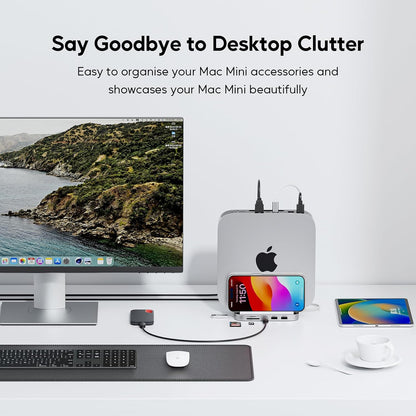 Suport Hub pentru Mac Mini M2/M1, Docking Station vertical 8 in 1 cu slot SSD PCIe, 3 slot USB-A, USB-C 10 Gbps, cititor de carduri SD/TF, mufa audio 3, 5 mm, cu suport telefon