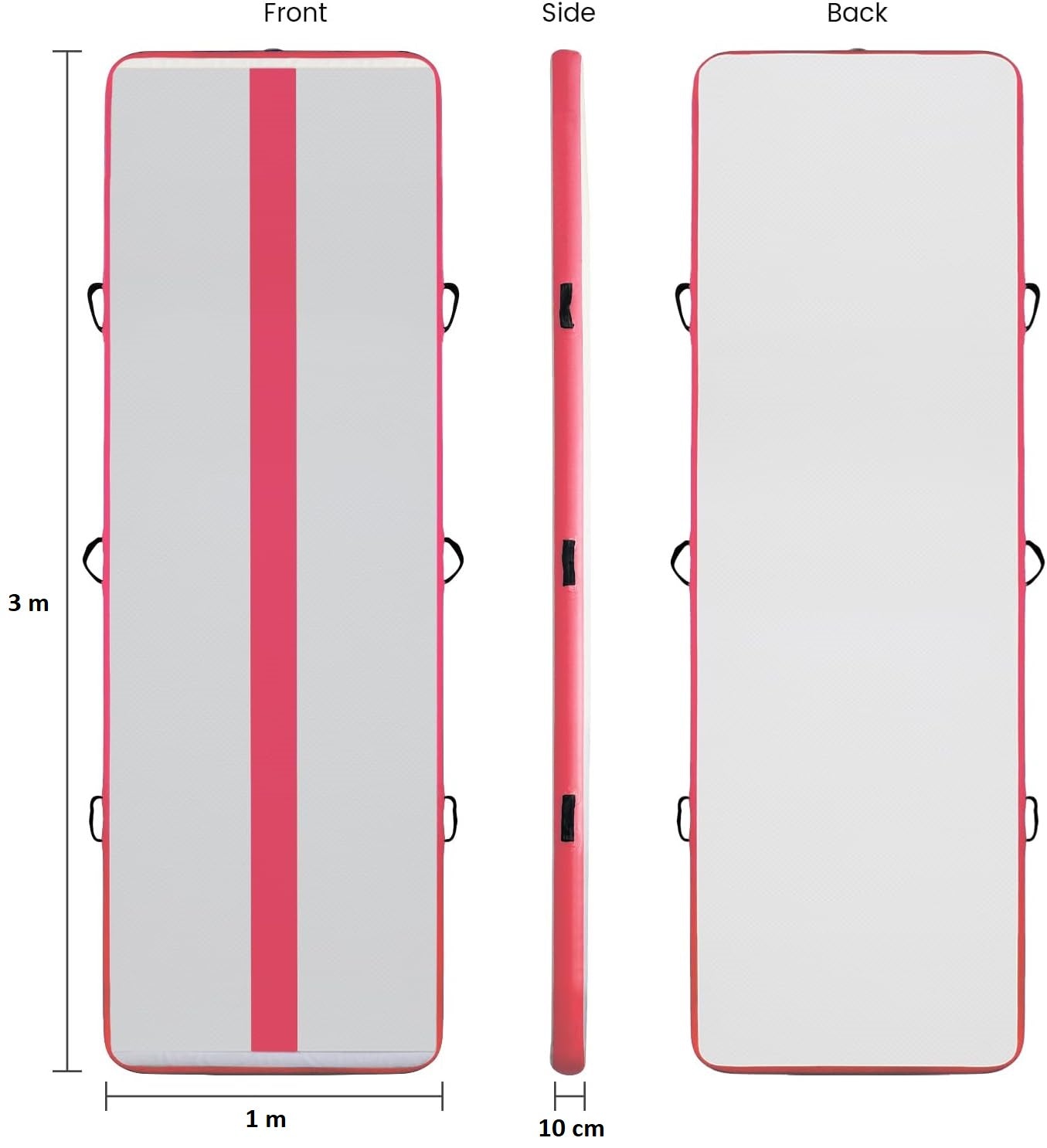 Saltea pentru antrenament gimnastica, gonflabila, 300 x 100 x 10 cm, din PVC, rezistent UV, cu pompa electrica si geanta de transport, roz
