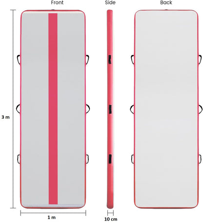 Saltea pentru antrenament gimnastica, gonflabila, 300 x 100 x 10 cm, din PVC, rezistent UV, cu pompa electrica si geanta de transport, roz
