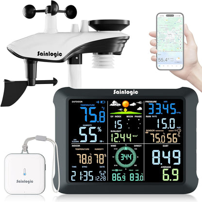 Statie meteo inteligenta Sainlogic WiFi, senzor exterior Wireless, ecran de 8.5 inch, prognoza meteo cu inteligenta artificiala Weatherseed, masurare vant, UV, precipitatii, alerte si export date 2 ani, 2.4GHz