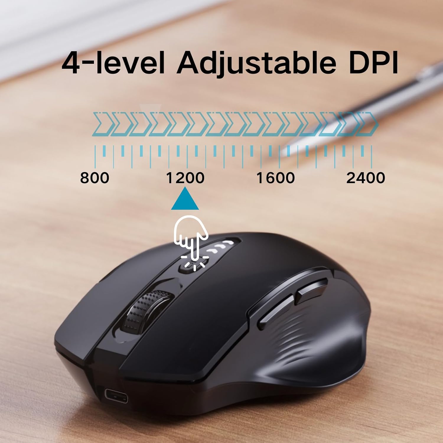 Mouse wireless cu Bluetooth 5.0/4.0 si 2.4 GHz, DPI reglabil pe 4 niveluri, indicator nivel baterie, design ergonomic, pentru laptop si PC, negru