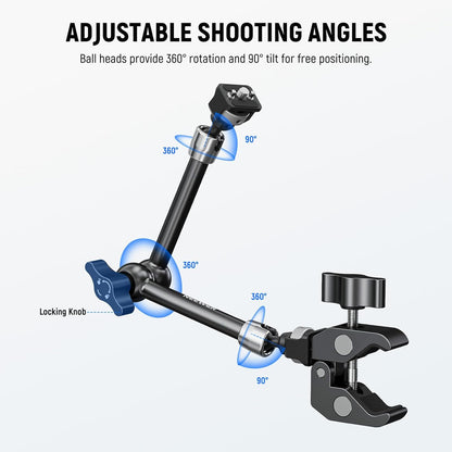 Set brat articulat de 11 inch Joint Magic Arm cu clema Super Clamp cu filet 1/4 Inch si 3/8 Inch, sarcina maxima 3 kg, pentru cage, monitor de camp, camera DSLR, ring light, lumina LED, multifunctionale