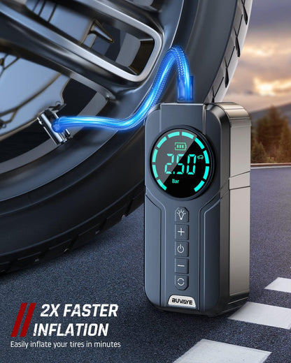 Pompa aer auto electrica 10 Bar, compresor cu display LED, acumulator 6000 mAh, lanterna, functie powerbank, 4 moduri umflare presetate, pentru masina, motocicleta, bicicleta, minge