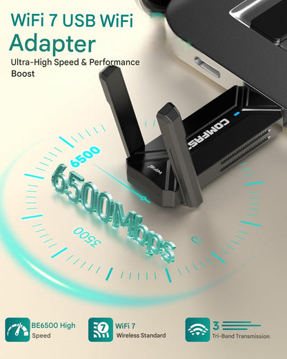 Stick WLAN USB COMFAST CF-983BE-1 WiFi 7, adaptor Wireless BE6500, viteza pana la 6500 Mbps, Tri-Band 2.4GHz/5GHz/6GHz, interfata USB, compatibil Windows 10/11, pentru Laptop si Desktop PC, negru